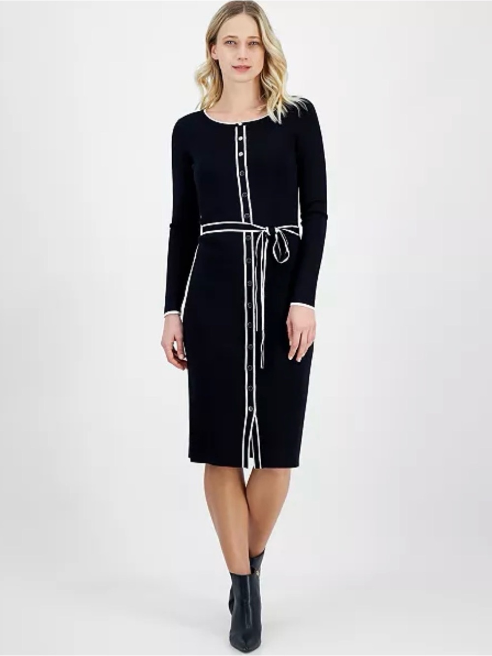 Tahari Womens XL Black White Sweater Dress Belted Midi Long Sleeve NWT